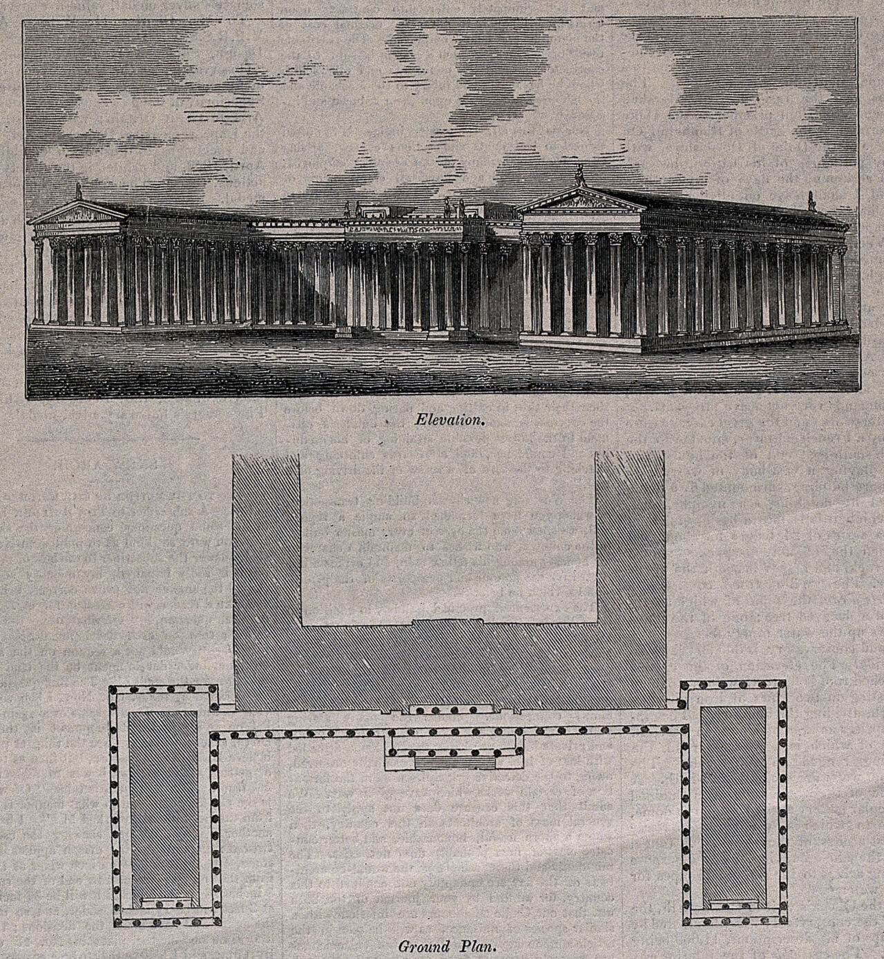 The British Museum: (above) the entrance facade, (below) the plan. Wood engraving after a design attributed to G. R. French, 1843., 1843, by George Russell French