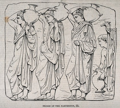 Part of the Parthenon frieze. Wood engraving, 1845.