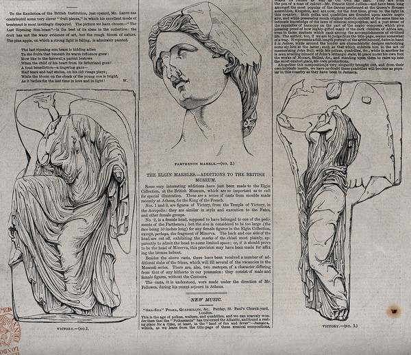 Three figure sculptures forming part of the Parthenon frieze. Wood engraving.