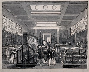 view The British Museum: the Egyptian Room, with visitors. Wood engraving, 1847.