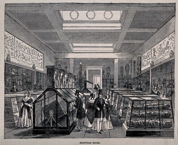 The British Museum: the Egyptian Room, with visitors. Wood engraving, 1847.