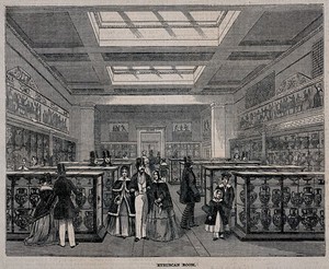 view The British Museum: the Etruscan Room, with visitors. Wood engraving, 1847.