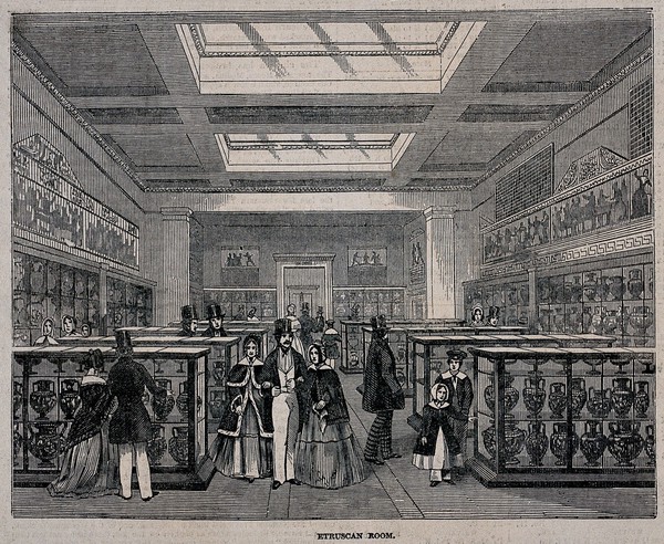 The British Museum: the Etruscan Room, with visitors. Wood engraving, 1847.