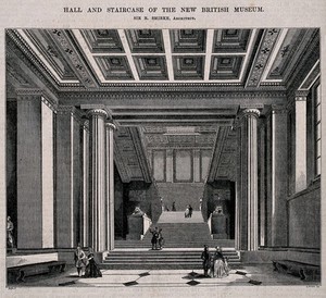 view The British Museum: the entrance hall and staircase. Wood engraving C. D. Laing, 1849, after B. Sly after L. Collman.