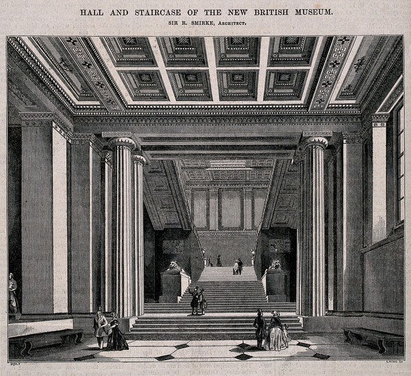 The British Museum: the entrance hall and staircase. Wood engraving C. D. Laing, 1849, after B. Sly after L. Collman.