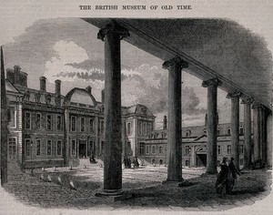 view The British Museum at Montague House: the courtyard. Wood engraving, 1849.