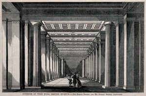 view The British Museum: the interior of the West Wing, with visitors. Wood engraving after R. and S. Smirke 1851.