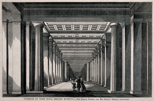 The British Museum: the interior of the West Wing, with visitors. Wood engraving after R. and S. Smirke 1851.