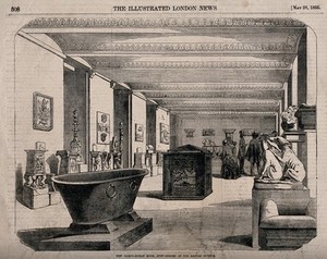 view The British Museum: the Graeco-Roman Room, with visitors. Wood engraving, 1855.