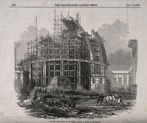 view The British Museum: the reading room under construction. Wood engraving by J. Brown after C. W. Sheeres, 1855.