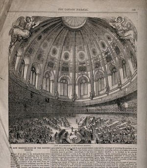 view The British Museum: the interior of the reading room, in use. Wood engraving by G. F. Sargent.