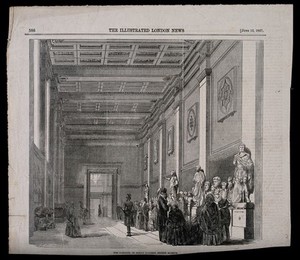 view The British Museum: the Roman Saloon, with visitors. Wood engraving attributed to J. and A. Williams, 1857.