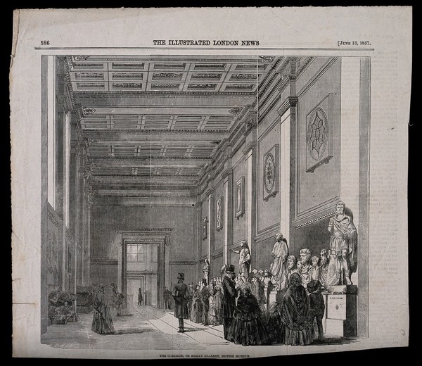 The British Museum: the Roman Saloon, with visitors. Wood engraving attributed to J. and A. Williams, 1857.