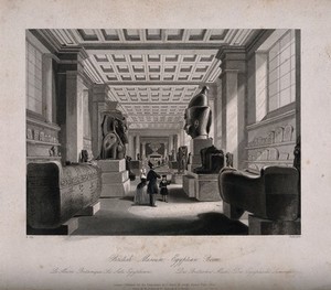 view The British Museum: the Egyptian Room, with visitors. Engraving by Radclyffe after B. Sly, 1844.