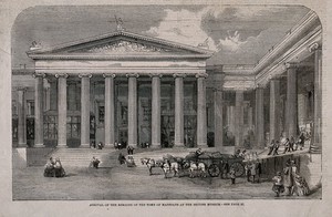 view The British Museum: the entrance facade, during the delivery of the tomb of Mausolus. Wood engraving by C. D. Laing after B. Sly, 1849.