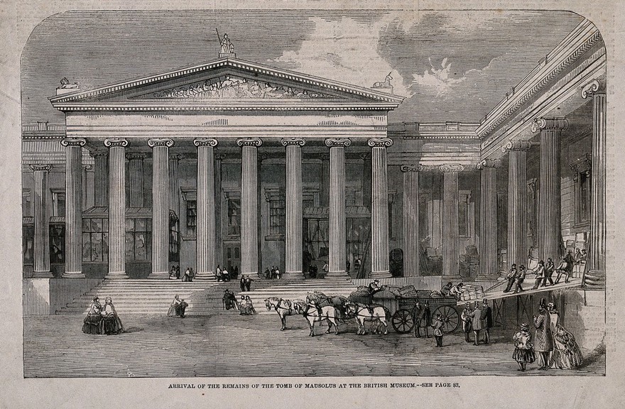 The British Museum: the entrance facade, during the delivery of the tomb of Mausolus. Wood engraving by C. D. Laing after B. Sly, 1849.