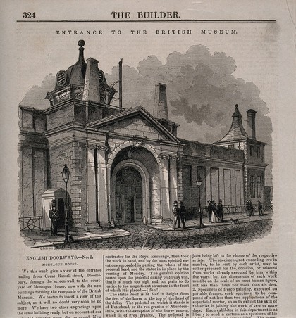 The British Museum at Montague House: the Russell Street facade. Wood engraving by C. D. Laing, 1849.