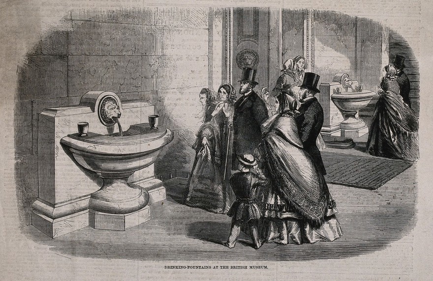 The British Museum: drinking fountains under the portico, with visitors. Wood engraving, 1860.