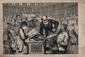 view The British Museum: the interior of the reading room, in use. Wood engraving by [I.C.] after C. Gregory, 1874.