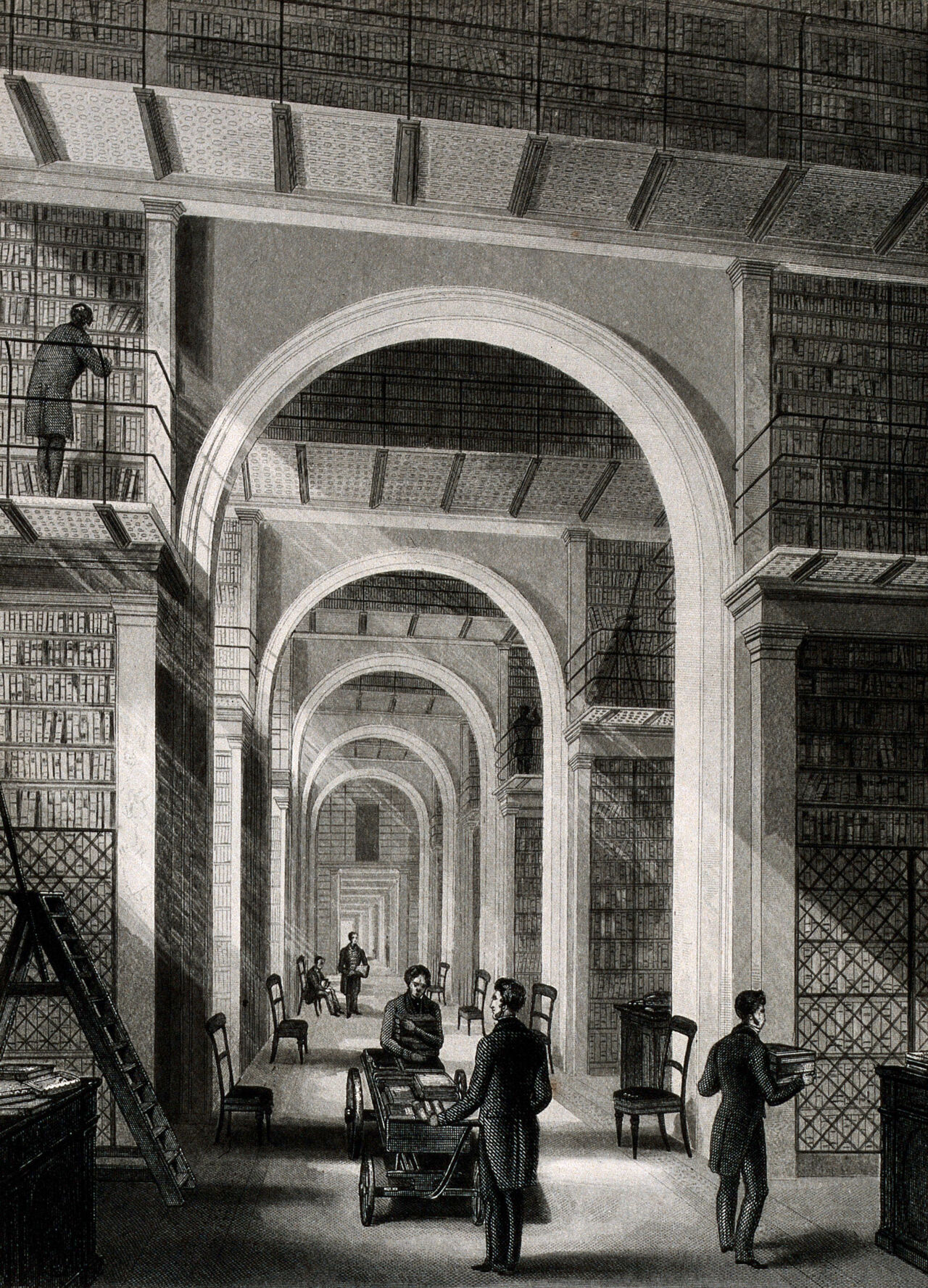 The British Museum: the Additional Library, in the north wing of the museum, looking from west to east towards the reading rooms. Engraving by Radclyffe after L. Jewitt., 1844, by Llewellynn Jewitt