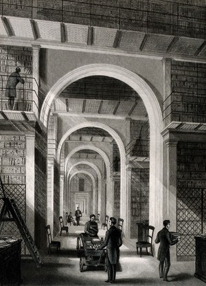 view The British Museum: the Additional Library, in the north wing of the museum, looking from west to east towards the reading rooms. Engraving by Radclyffe after L. Jewitt.