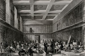 view The British Museum: the reading room, with many readers. Engraving by H. Melville after T. H. Shepherd.