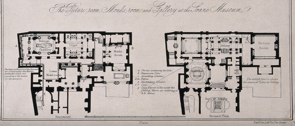 Sir John Soane's House and Museum: plans of the basement and ground floors, showing the heating arrangements. Lithograph by Day & son.