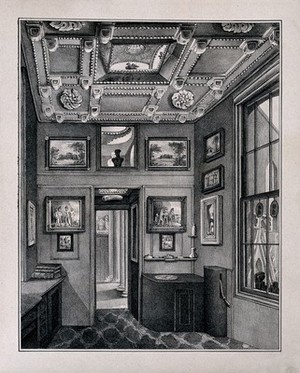 view Sir John Soane's House and Museum: the dressing room at ground floor level. Lithograph by C. J. Richardson.