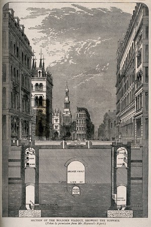 view A section through the roadway of Holborn Viaduct, London: looking east, showing the middle level sewer. Wood engraving after W. Haywood, 1854.