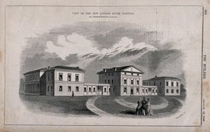 view London Fever Hospital, Liverpool Road, Islington: viewed from the north. Wood engraving by C. D. Laing, 1848.