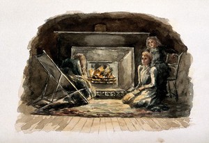 view The London Fever Hospital, Liverpool Road, Islington: a nurse and two female patients [?] one drying her hair in front of a fire. Watercolour painting by Nurse Flower, 1891.