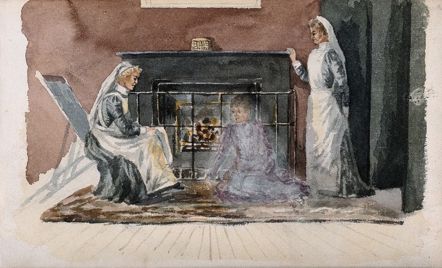 The London Fever Hospital, Liverpool Road, Islington: two nurses and a patient [?] in front of a guarded fire. Watercolour painting by Nurse Flower, 1891.