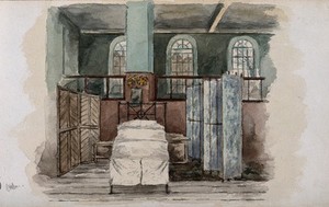 view The London Fever Hospital, Liverpool Road, Islington: a screened-off bed in a ward. Watercolour by Nurse Flower, 1891.