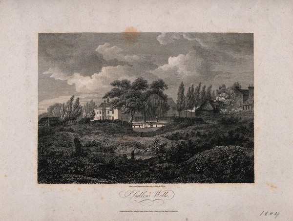 Sadler's Wells Theatre, with the New River running beside. Engraving by J. Greig after S. Prout.