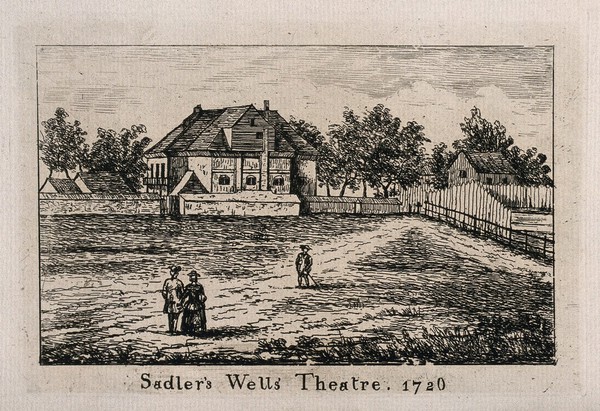 Sadler's Wells Theatre, seen from across a field. Engraving.