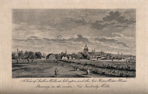Sadler's Wells and the New River, with the city in the background. Engraving by A. Cruse after B. Lens, 1730.
