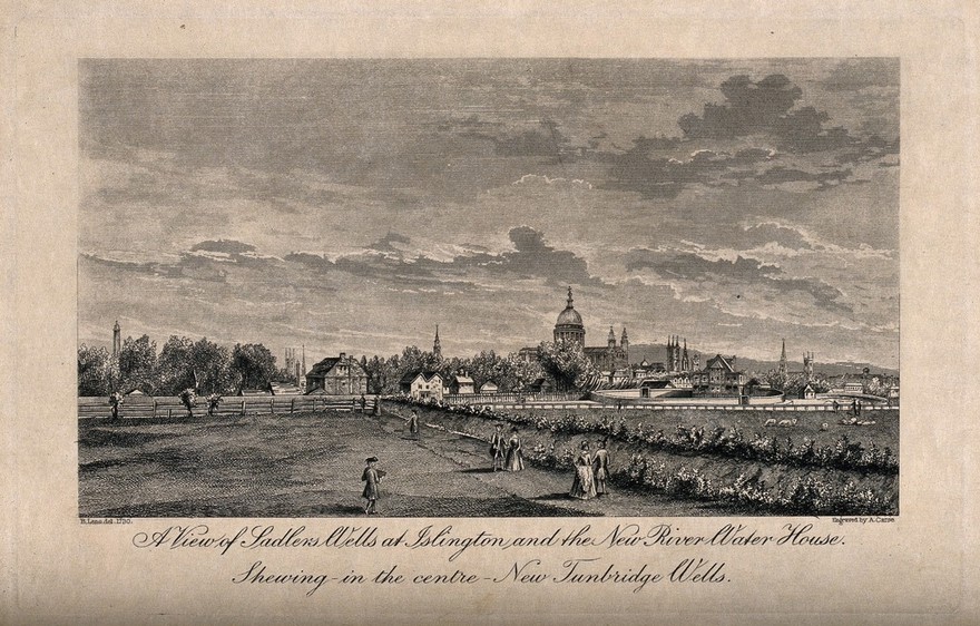 Sadler's Wells and the New River, with the city in the background. Engraving by A. Cruse after B. Lens, 1730.