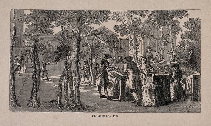 Sadler's Wells, as it was in 1737, with fashionable water-drinkers. Wood engraving, [post 1840].