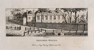 view Sadler's Wells, with the New River in the foreground. Etching by F. W. Pailthorpe after an engraving of c.1750.