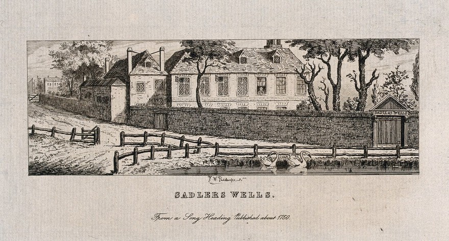 Sadler's Wells, with the New River in the foreground. Etching by F. W. Pailthorpe after an engraving of c.1750.
