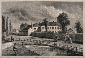 view Sadler's Wells, with the New River running beside. Wood engraving by A. H. W.