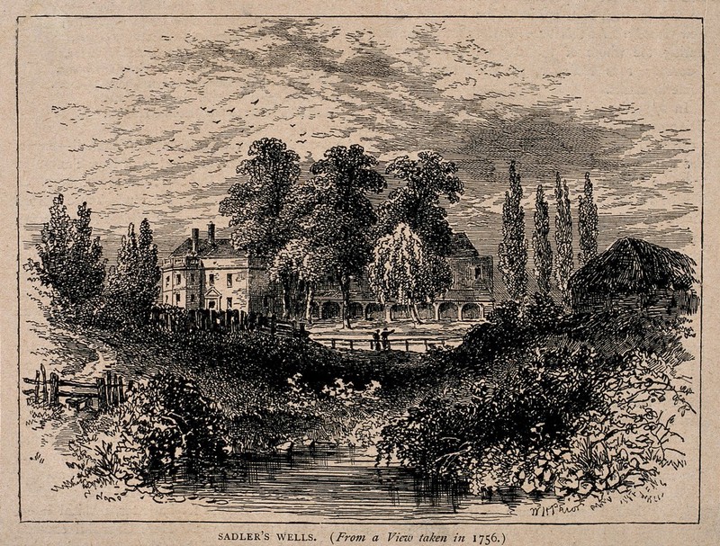 Sadler's Wells Theatre, with the New River running beside. Wood engraving by W. H. Prior., by William Henry Prior