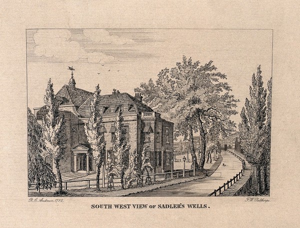 Sadler's Wells, with the New River running beside. Etching by F. W. Pailthorpe after R. C. Andrews, 1792.
