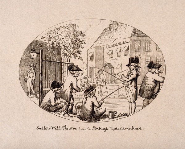 Sadler's Wells Theatre in the background: anglers fishing in the New River in the foreground. Etching, post 1900.