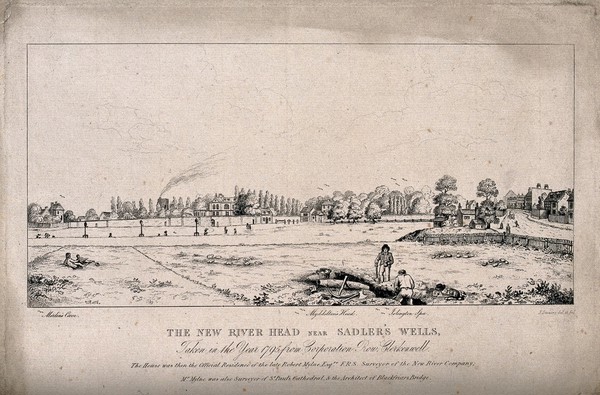 Sadler's Wells and other places of resort beside the New River: two workmen digging a trench for water-pipes in the foreground. Etching by J. Swaine after himself, 1795.