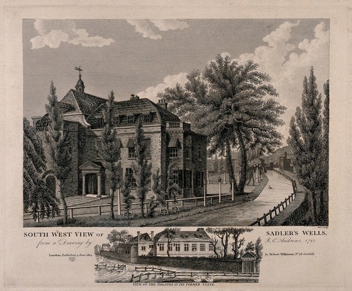 Sadler's Wells Theatre, with the New River running beside, a smaller view, below, of the older building. Engraving by W. Wise, 1814, after R. C. Andrews, 1792.