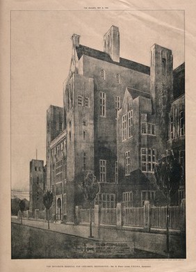 The Belgrave Hospital for Children, Kennington Park Road: the street elevation from the west, with a plan inset below. Photolithograph by Sprague after C. Holden, 1903.