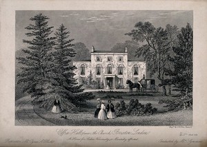 view Effra House, Brixton: with several patients walking in the grounds. Engraving by T. H. Ellis.