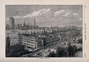 view St. Thomas's Hospital, Lambeth, seen from the south with the Palace of Westminster in the background. Wood engraving by T. Sulman.