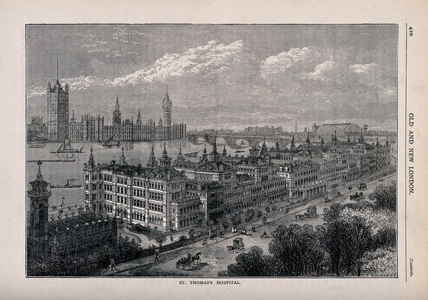 St. Thomas's Hospital, Lambeth, seen from the south with the Palace of Westminster in the background. Wood engraving by T. Sulman.